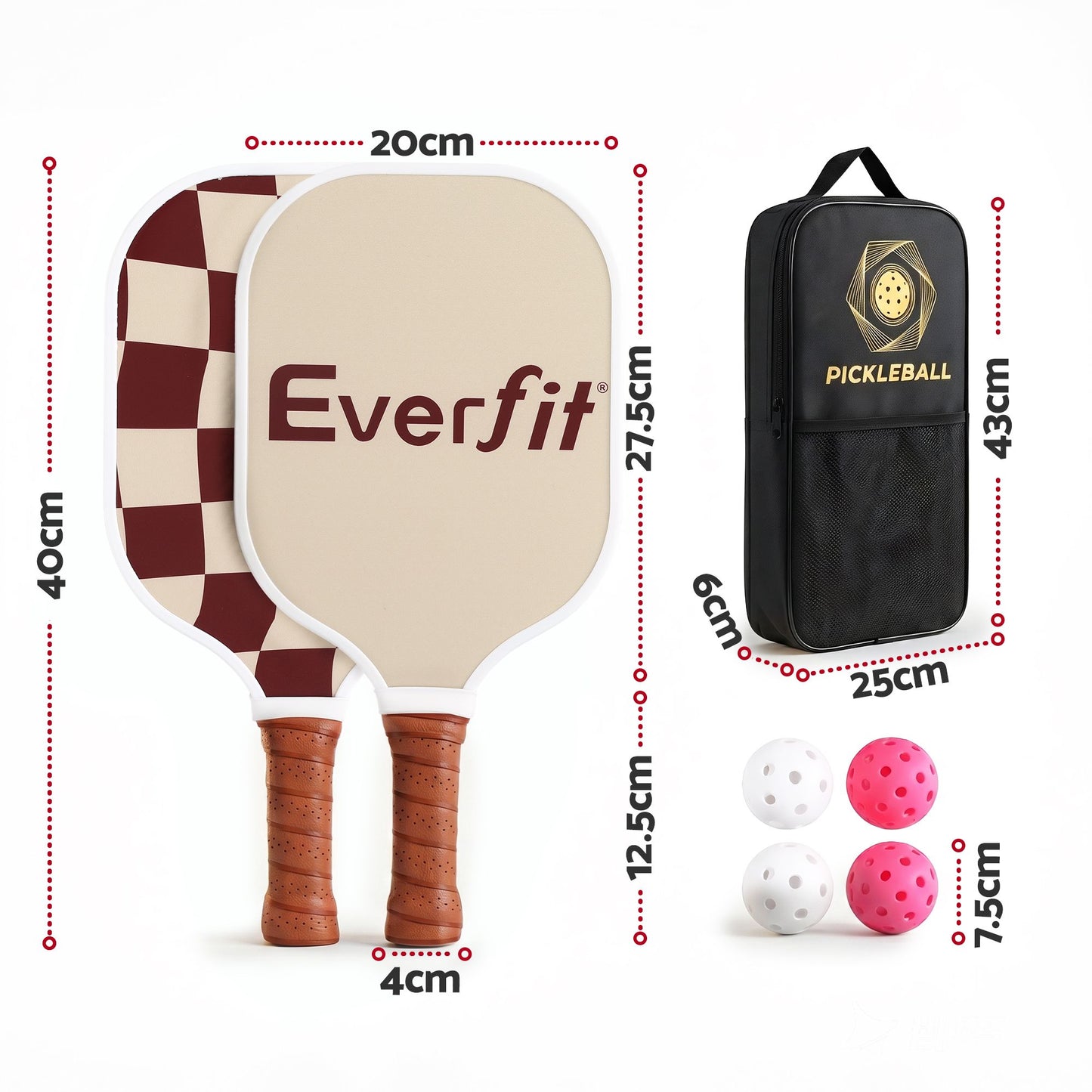 Everfit Pickleball Paddle Set Fibreglass Racquet Honeycomb Core With Bag Brown