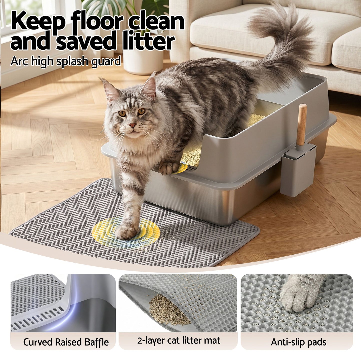 i.Pet XXL Cat Litter Box Stainless Steel Jumbo Semi-Enclosed Pet Kitty Toilet Grey