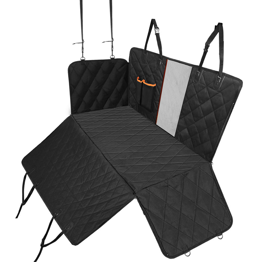 Black quilted car seat cover with straps on a white background