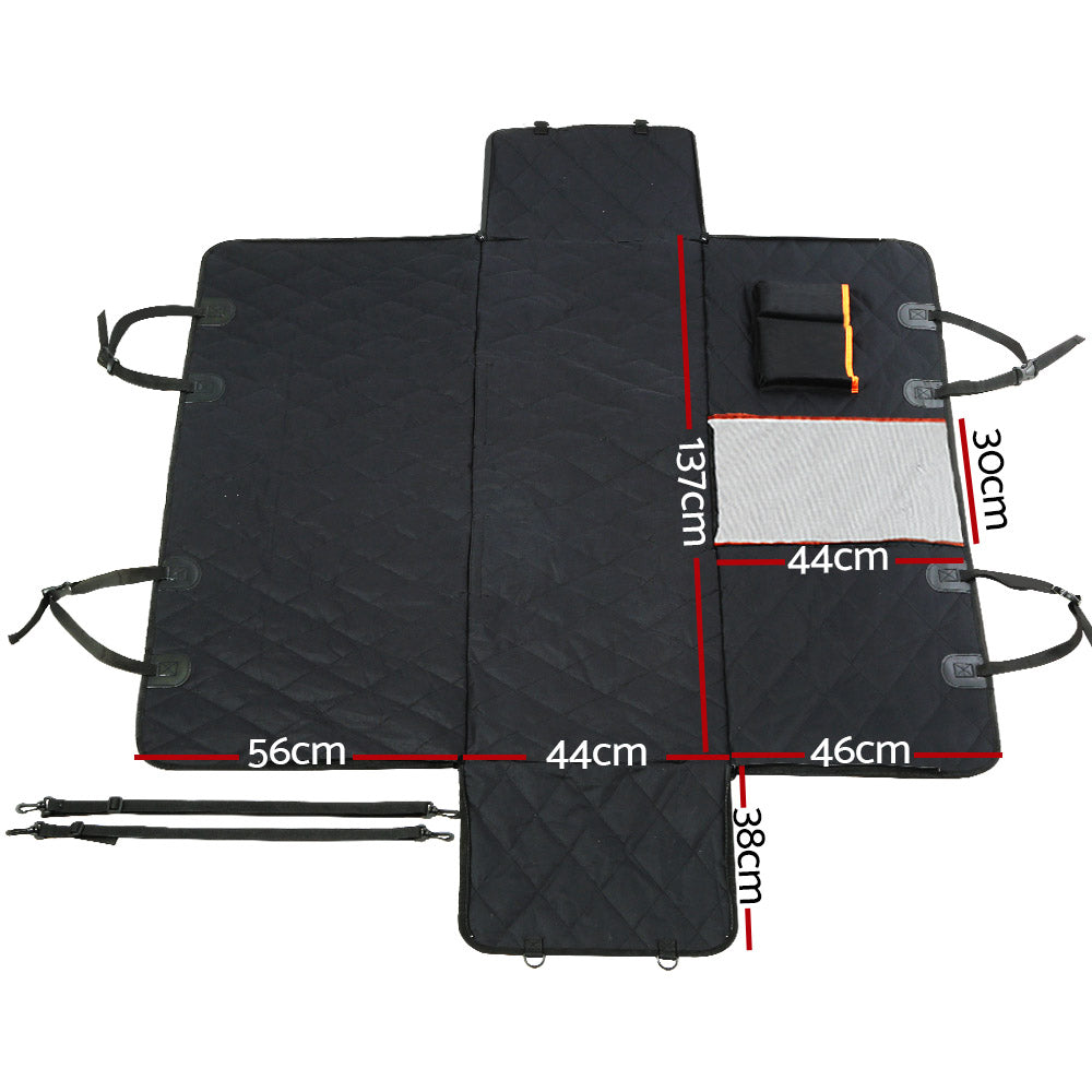Black car mat with measurements on a white background