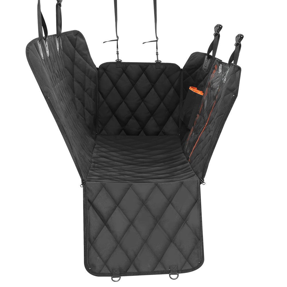 Black quilted car seat cover with hanging straps on a white background