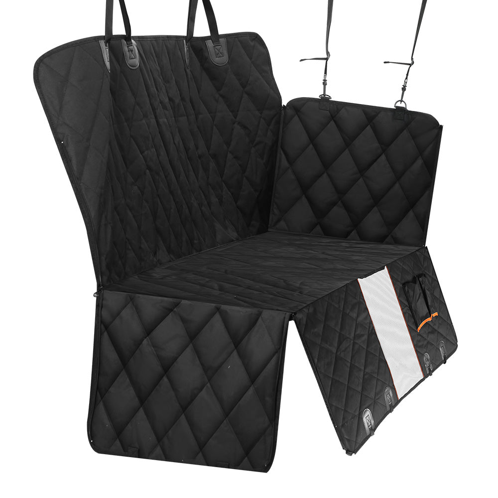 Black quilted car seat cover with storage compartment on a white background