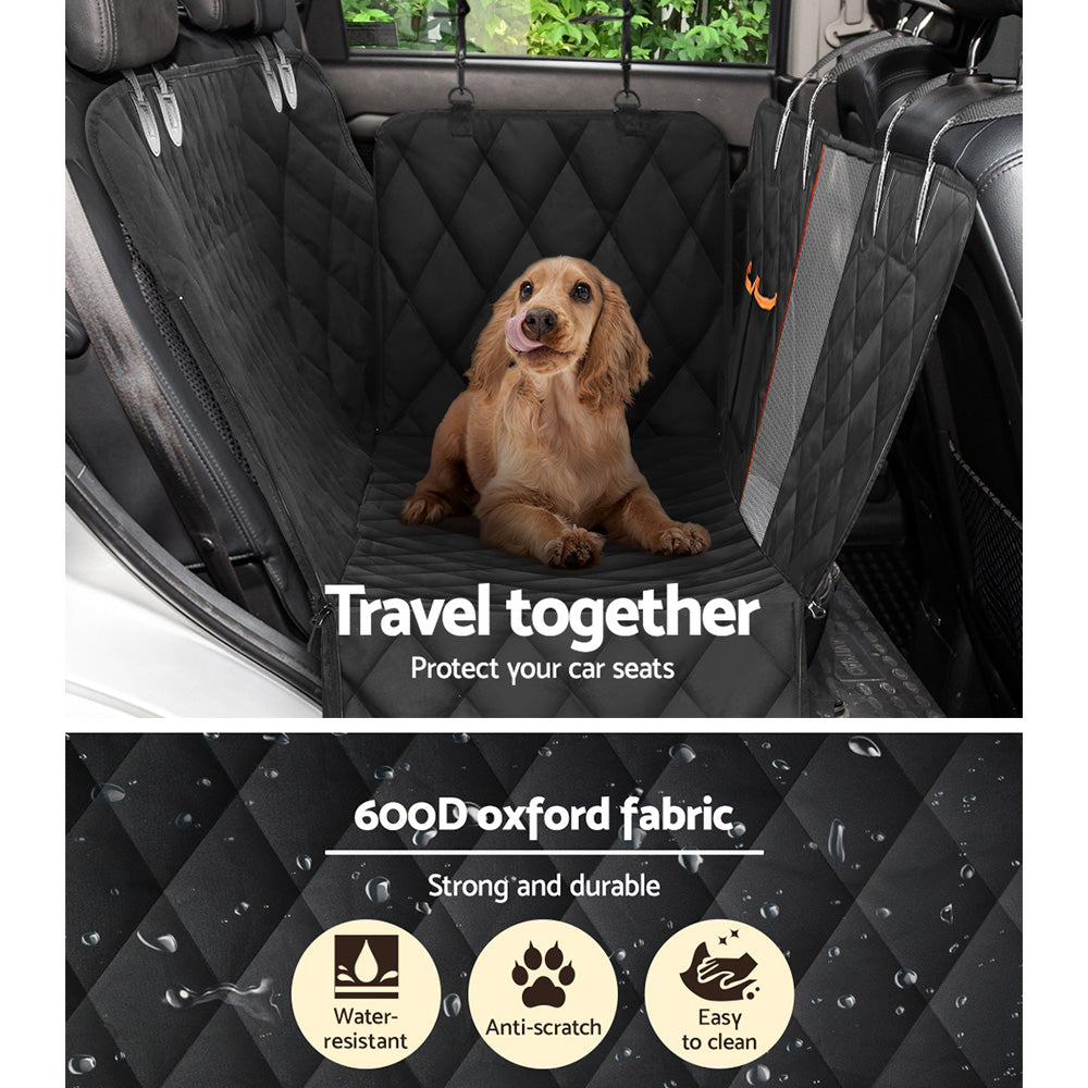 Dog sitting on a black car seat cover with text 'Travel together' and product features.