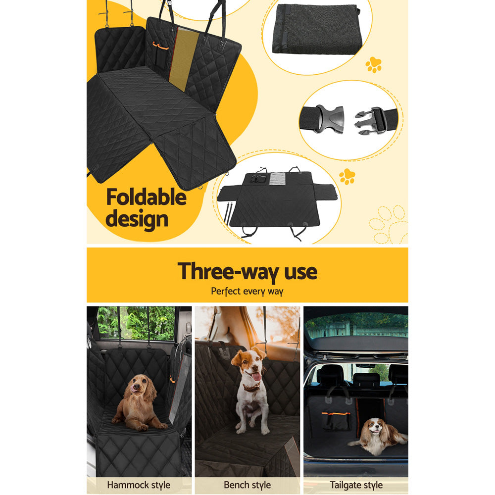 Dog car seat cover with multiple uses and features on a yellow background