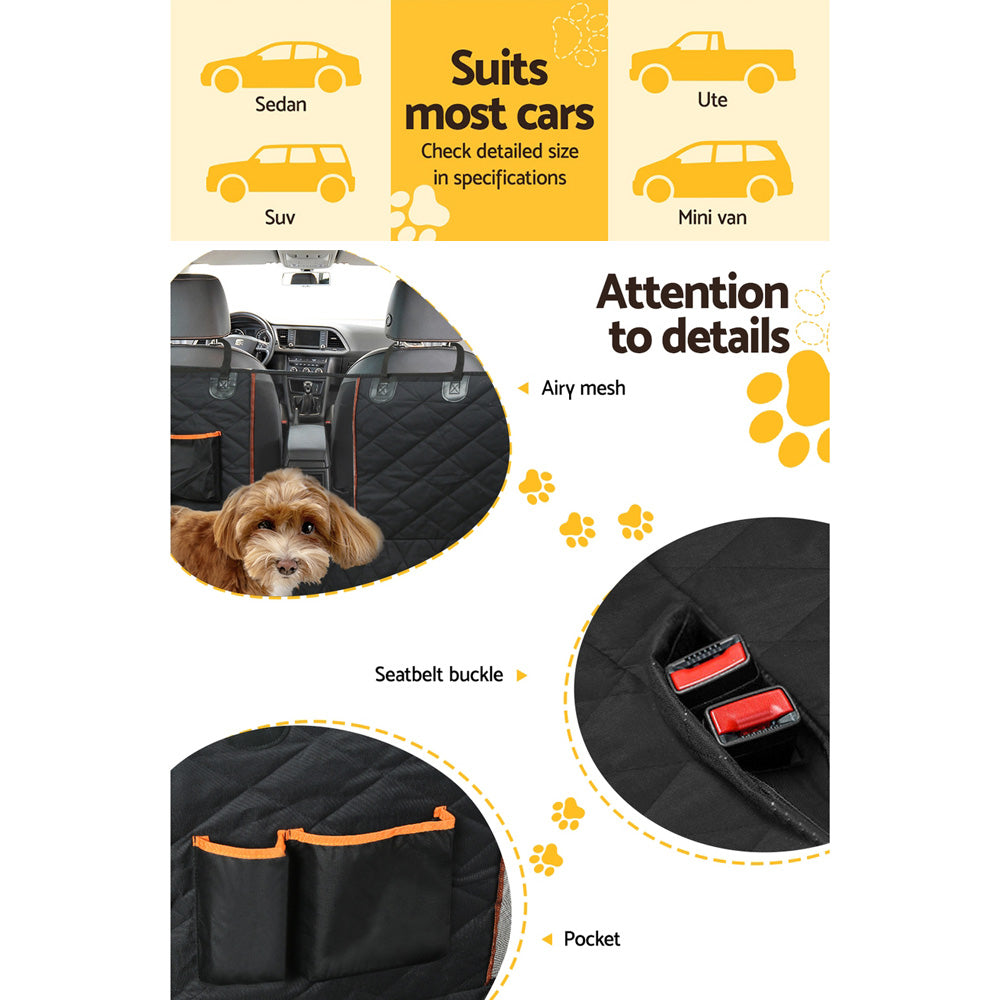 Dog car seat cover with features highlighted on a white background