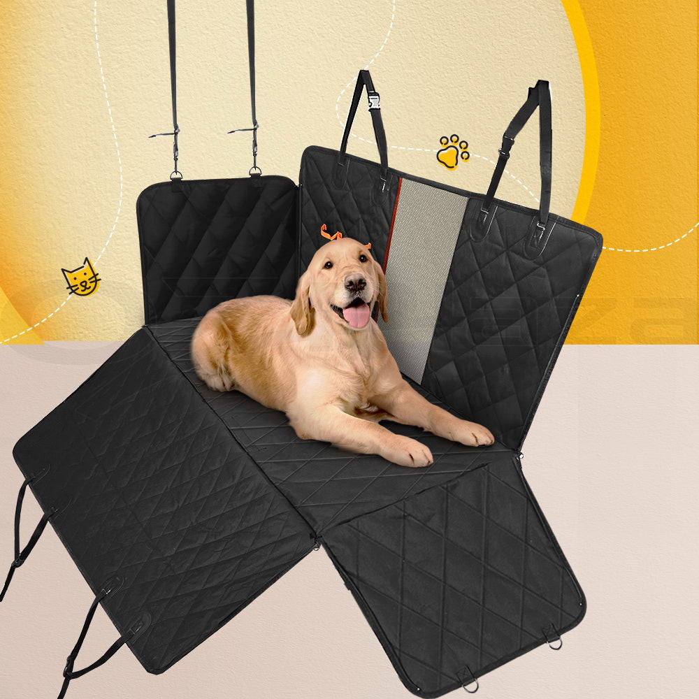 Dog lying on a black car seat cover with a yellow background