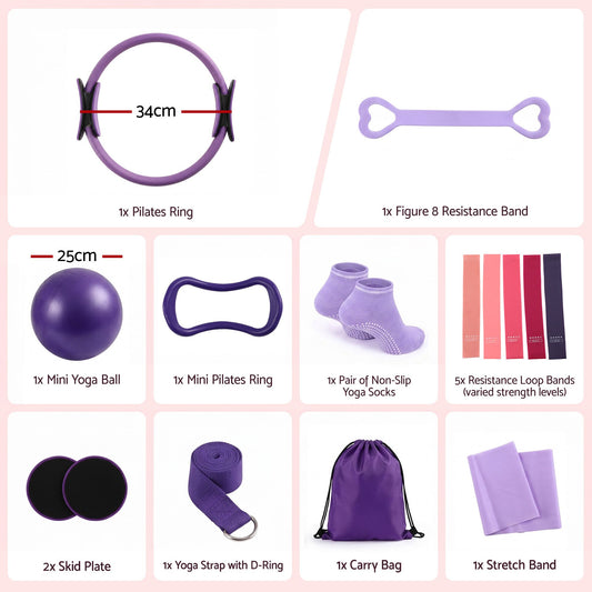 Everfit Pilates Ring Set for Women, 15pcs Home Workout Pilates Equipment with Ring, Ball, Yoga Socks, D-Ring etc. Pilates Starter Kit for Strength, Toning and Flexibility Purple