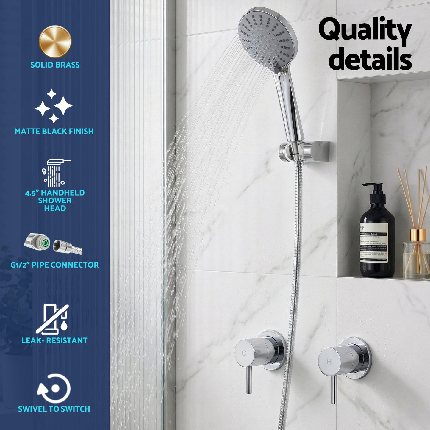 Cefito 4.5" Handheld Shower Head Round with Wall Twin Swivel Bathroom Tap Silver