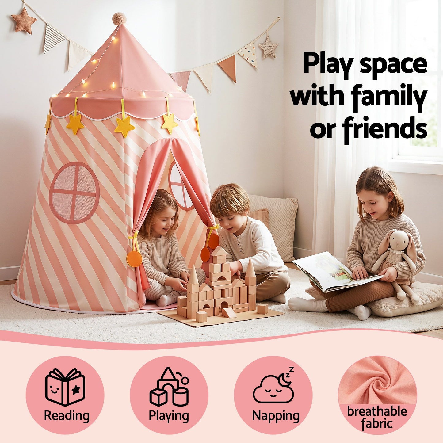 Keezi Kids Play Tent with Star Lights and Window Carry Bag 116cmx153cm Playhouse