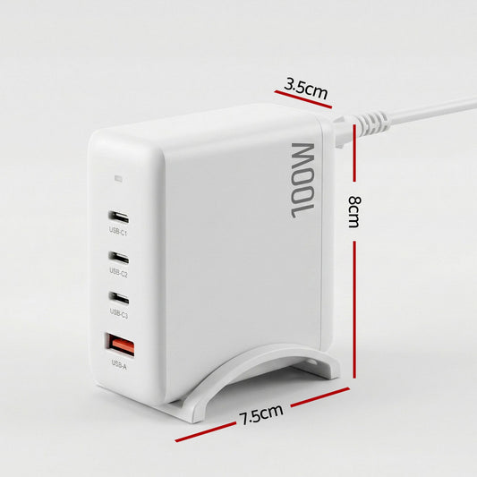 Devanti USB C Charger 100W Fast Charger 4 Port GaN Desktop Station White