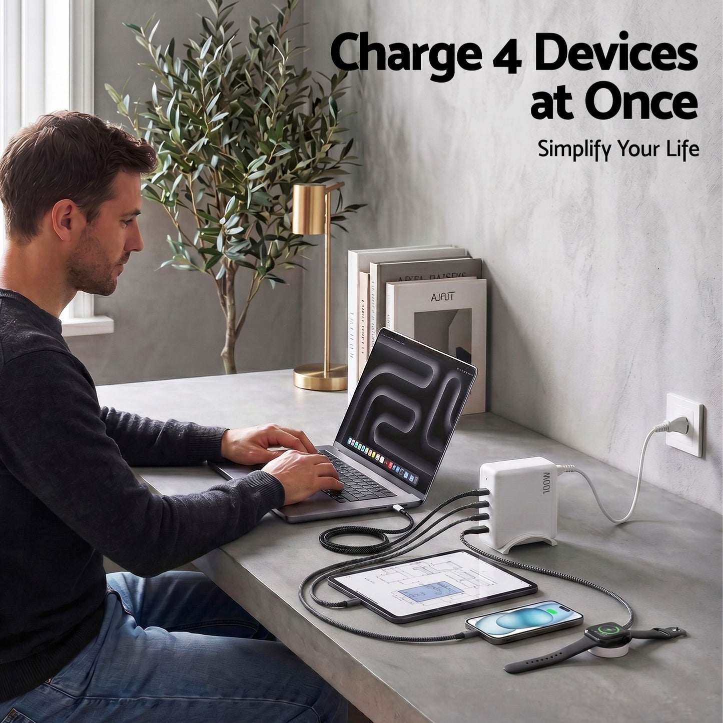 Devanti USB C Charger 100W Fast Charger 4 Port GaN Desktop Station White