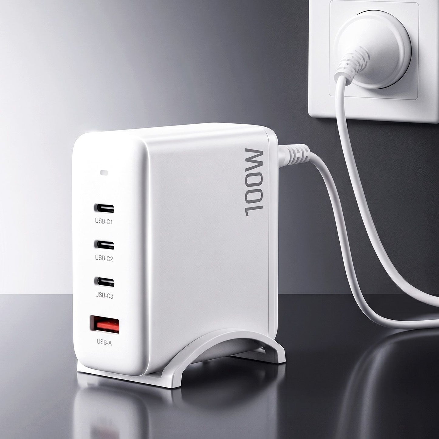Devanti USB C Charger 100W Fast Charger 4 Port GaN Desktop Station White