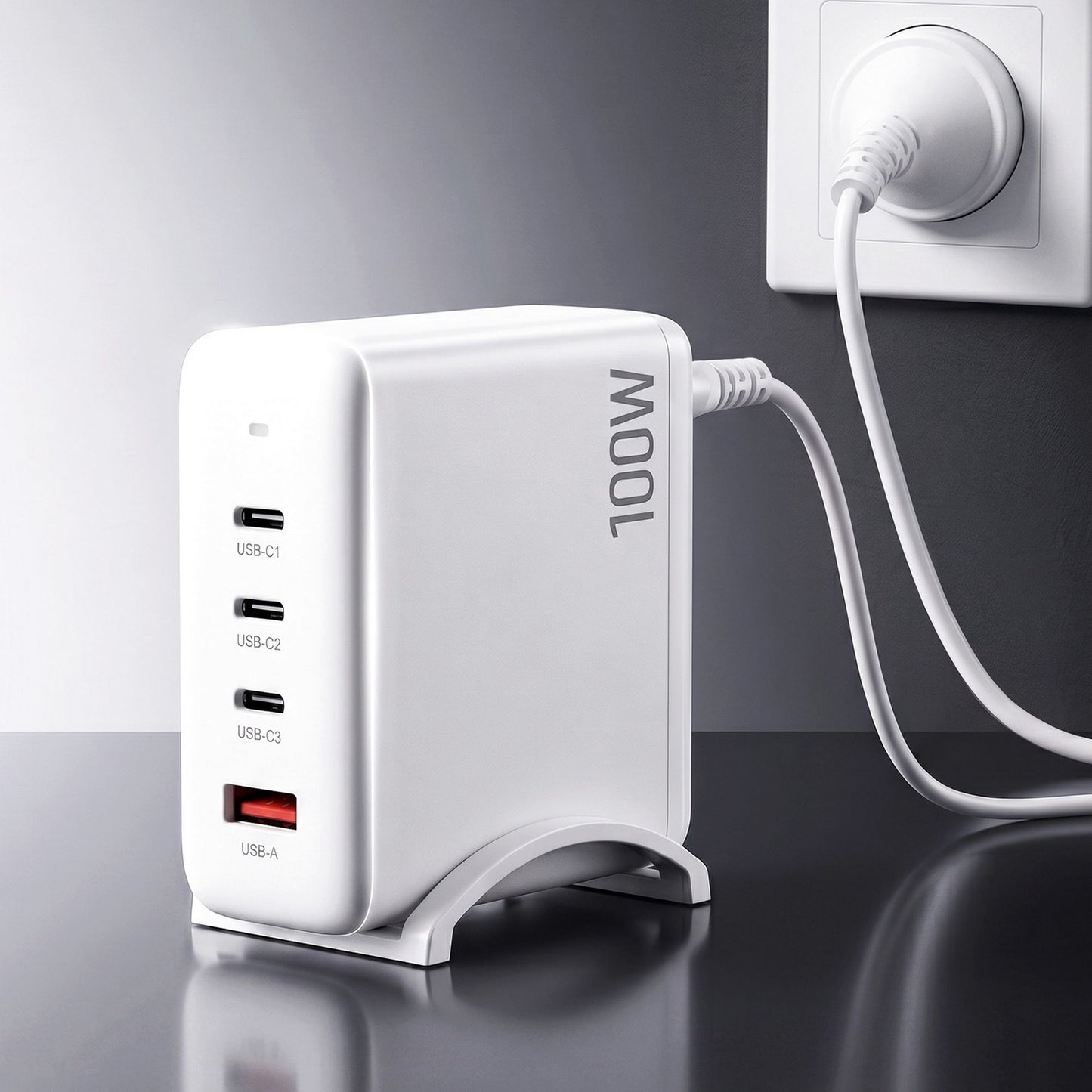 Devanti USB C Charger 100W Fast Charger 4 Port GaN Desktop Station White