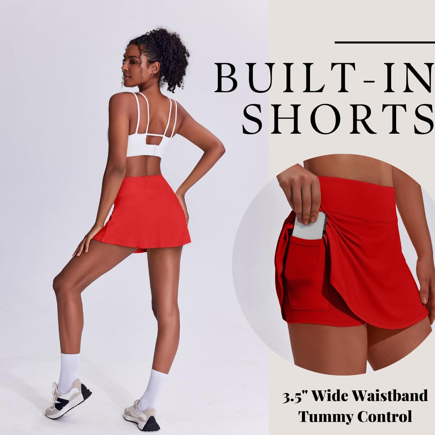 Women's Tennis Skirt with Pockets & Built-in Shorts – High-Waisted Golf-Sporty Fitness Wear-Red