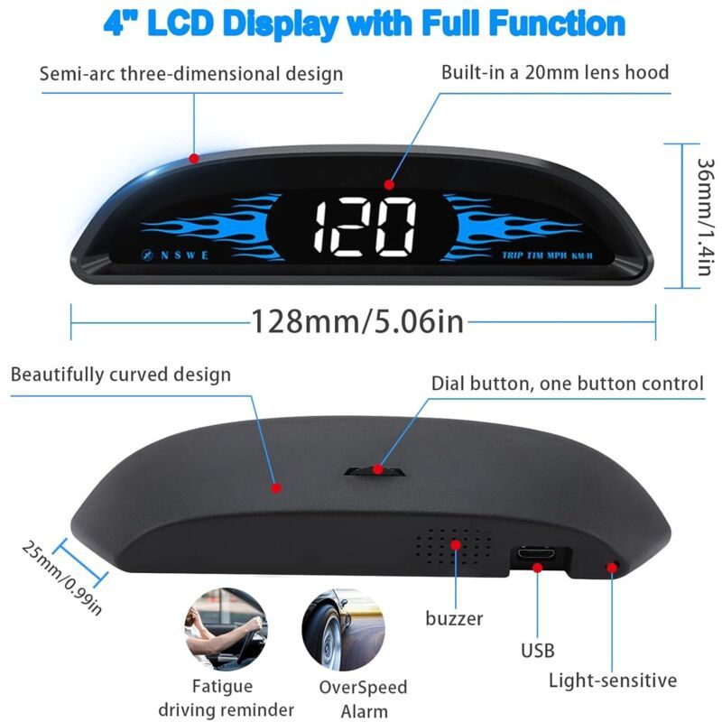 Car HUD GPS Speedometer, Universal Windshield Display with Overspeed Alarm, USB Plug and Play, 4 Inch