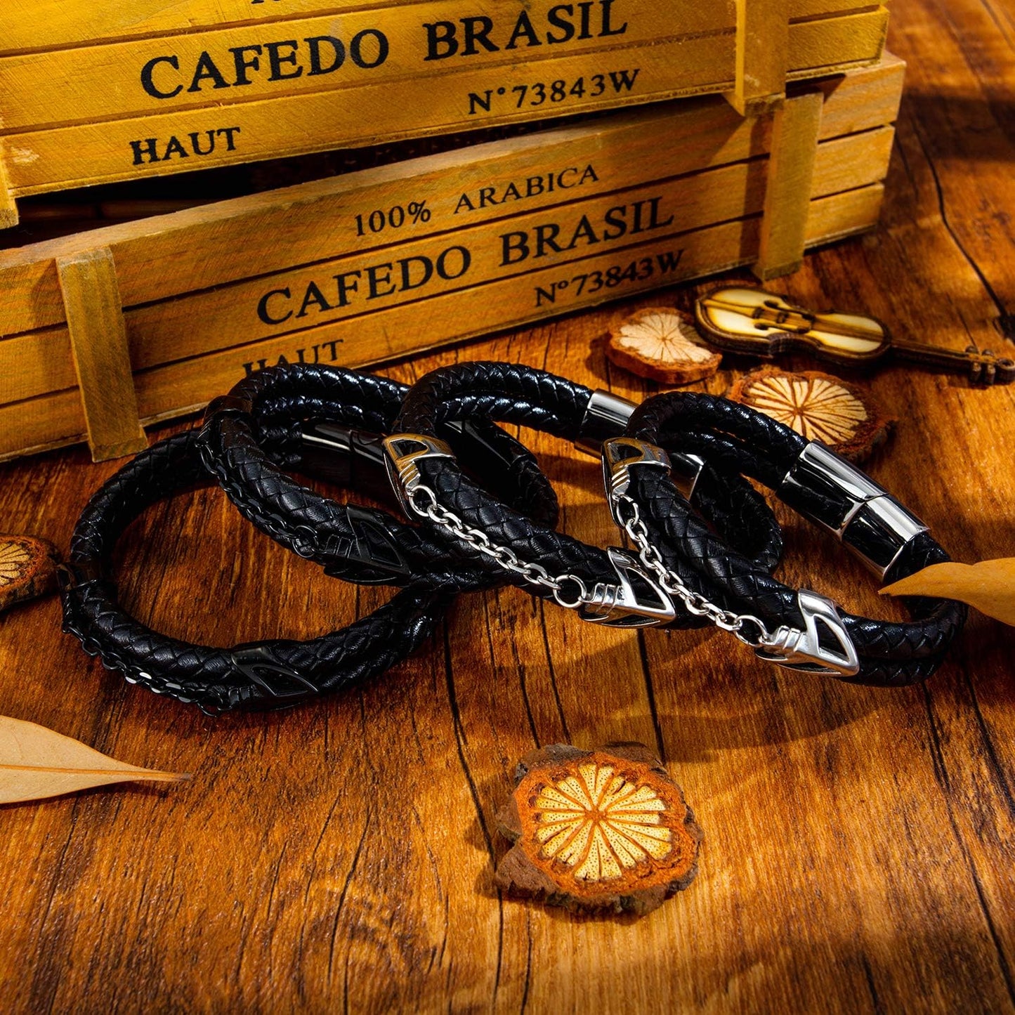 Mens Leather Bracelet with Stainless Steel Clasp Multi-Layer Braided Leather Mens Bracelet