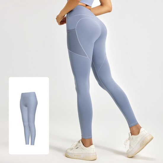 Light blue leggings worn by a person on a white background