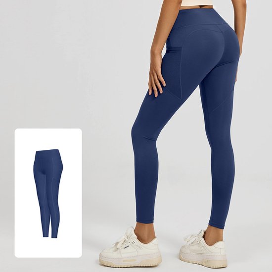 Person wearing navy blue leggings with a close-up inset on a light gray background