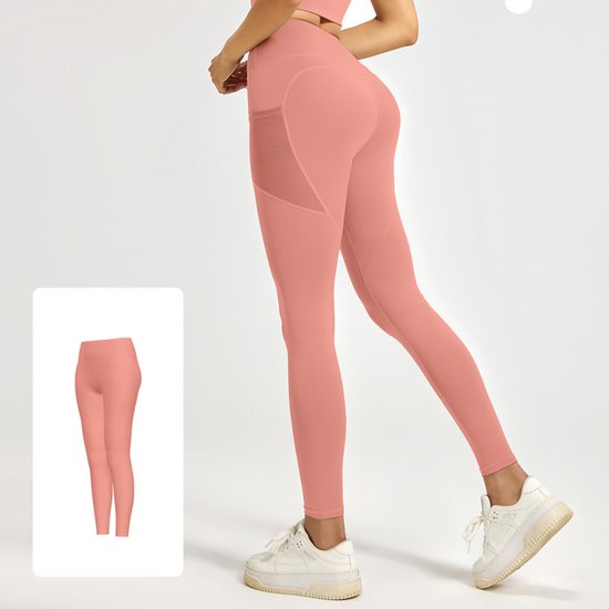 Pink leggings worn by a person on a white background