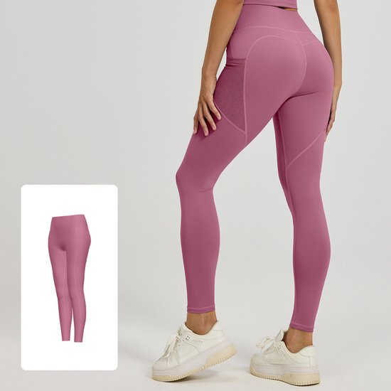 Dark Pink leggings worn by a person on a white background with a insert in bottom left corner.