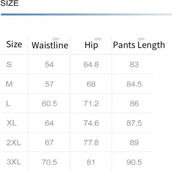 Size chart for pants with waistline, hip, and length measurements in centimeters.