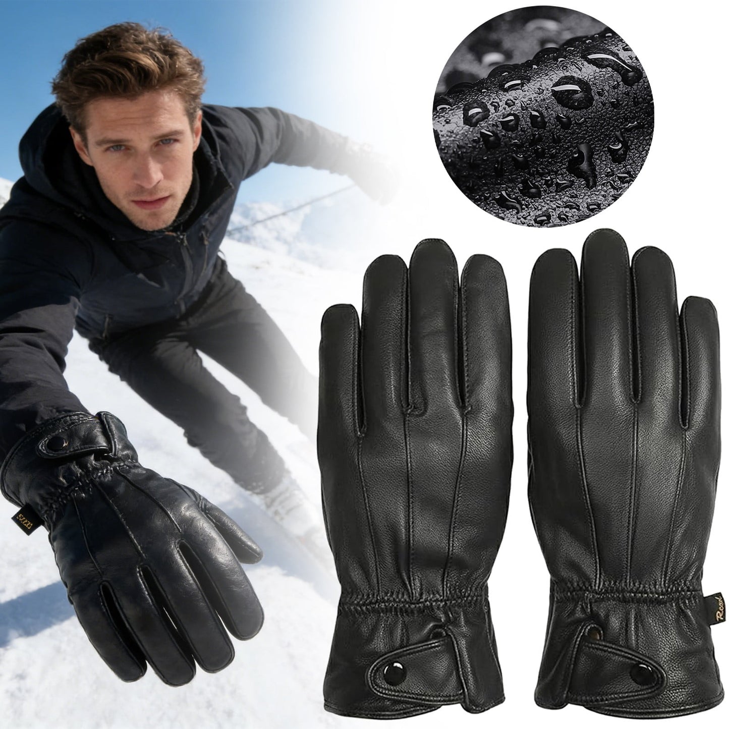 ! Mens Gloves，Gloves for Men，Mens Winter Gloves，Mens Leather Gloves Mens Winter Black Leather Gloves for Driving Dress Real Sheepskin Leather Warm Fleece Lined Gloves- 23*12cm Black