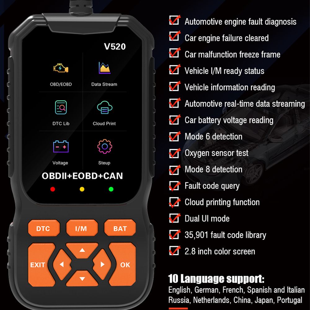 Professional OBD2 Car Scanner Diagnostic Tool, Enhanced V520 Vehicle OBDII/EOBD Check Engine with Read/Erase Fault Code, Auto Code Reader Scanner