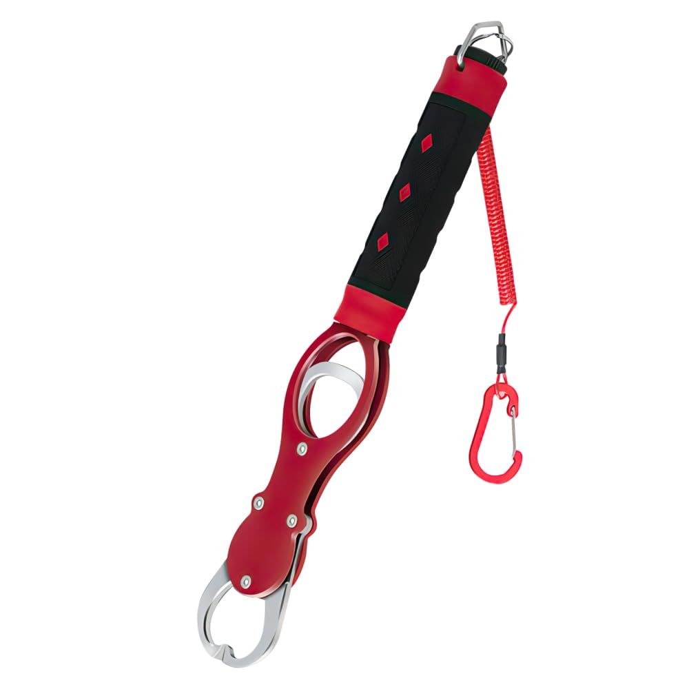 Aluminum Alloy Fish Lip Gripper with Scale -  Saltwater Fishing Grabber Tool, 360° Swivel Non-Slip Handle, Corrosion-Resistant Fish Holder for Caught Fish, Fish Control Tackle（red）