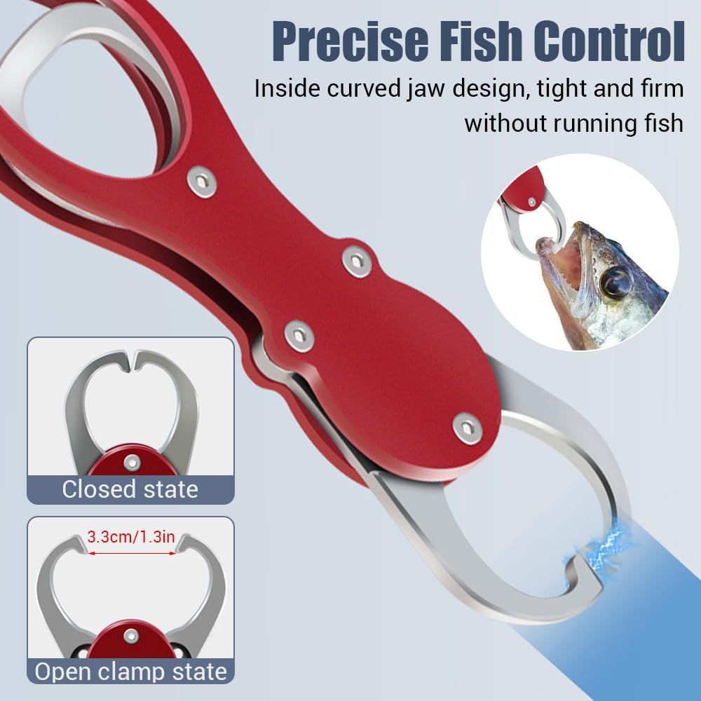 Aluminum Alloy Fish Lip Gripper with Scale -  Saltwater Fishing Grabber Tool, 360° Swivel Non-Slip Handle, Corrosion-Resistant Fish Holder for Caught Fish, Fish Control Tackle（red）