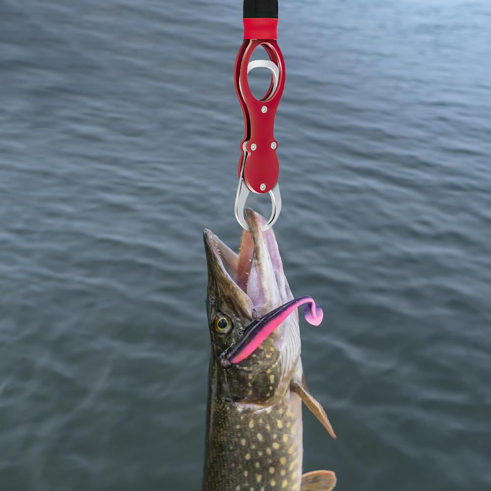 Aluminum Alloy Fish Lip Gripper with Scale -  Saltwater Fishing Grabber Tool, 360° Swivel Non-Slip Handle, Corrosion-Resistant Fish Holder for Caught Fish, Fish Control Tackle（red）
