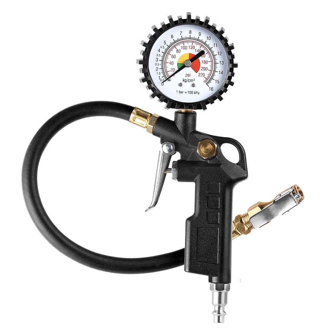 Tire Inflator Deflator Air Pressure Gauge with Rubber Hose,  Dial Wheel Inflator Gage with Straight Brass Lock-on Chuck Compatible with Air Pump Compressor for  Car Motorcycle Bike