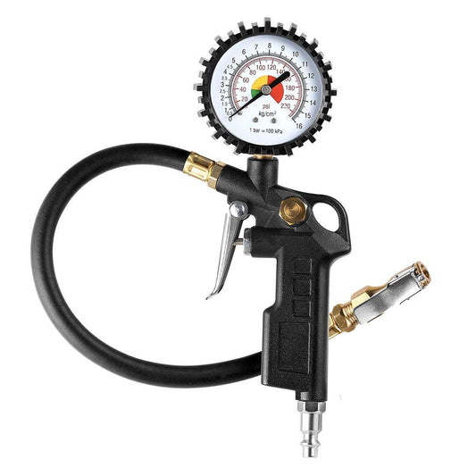 Tire Inflator Deflator Air Pressure Gauge with Rubber Hose,  Dial Wheel Inflator Gage with Straight Brass Lock-on Chuck Compatible with Air Pump Compressor for  Car Motorcycle Bike