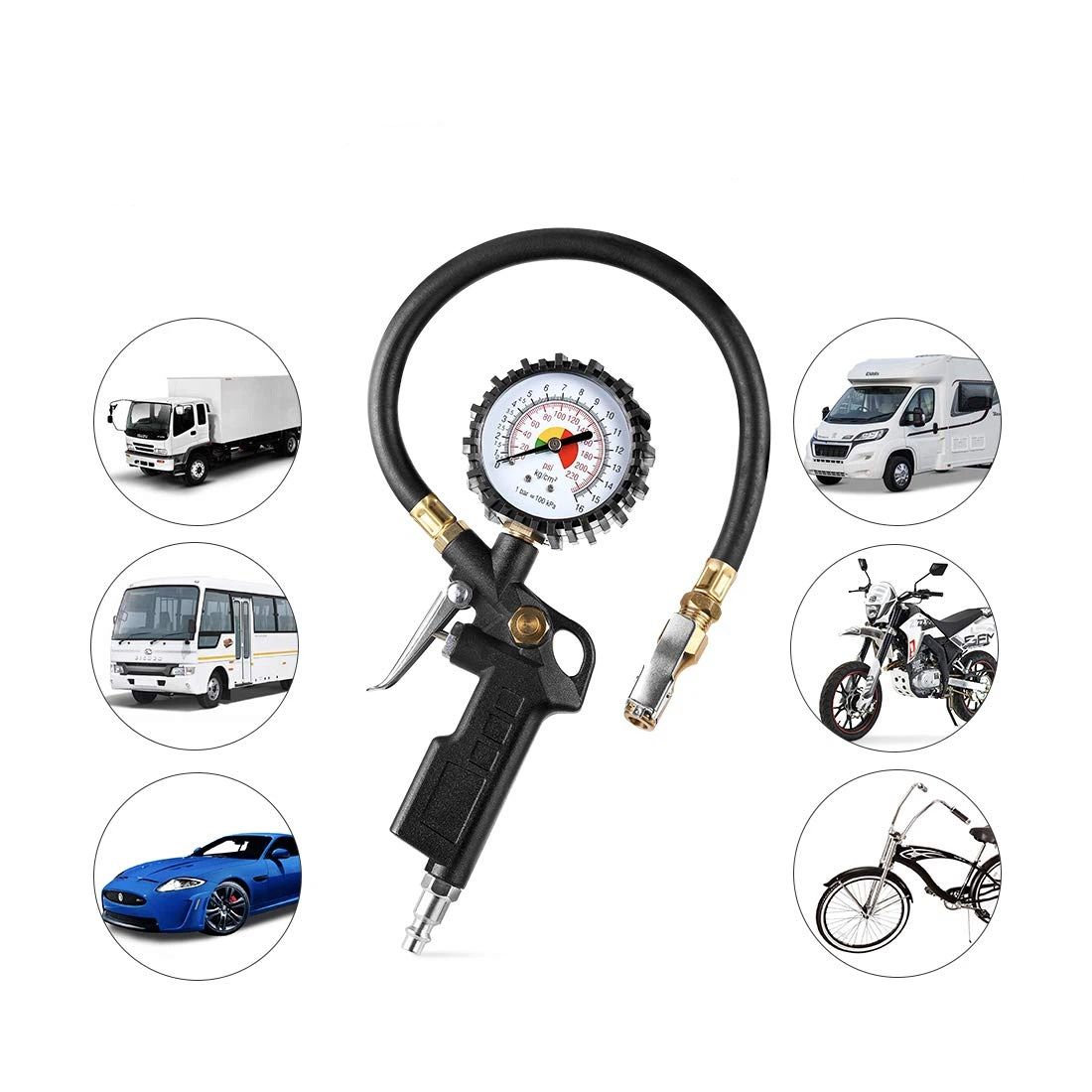 Tire Inflator Deflator Air Pressure Gauge with Rubber Hose,  Dial Wheel Inflator Gage with Straight Brass Lock-on Chuck Compatible with Air Pump Compressor for  Car Motorcycle Bike