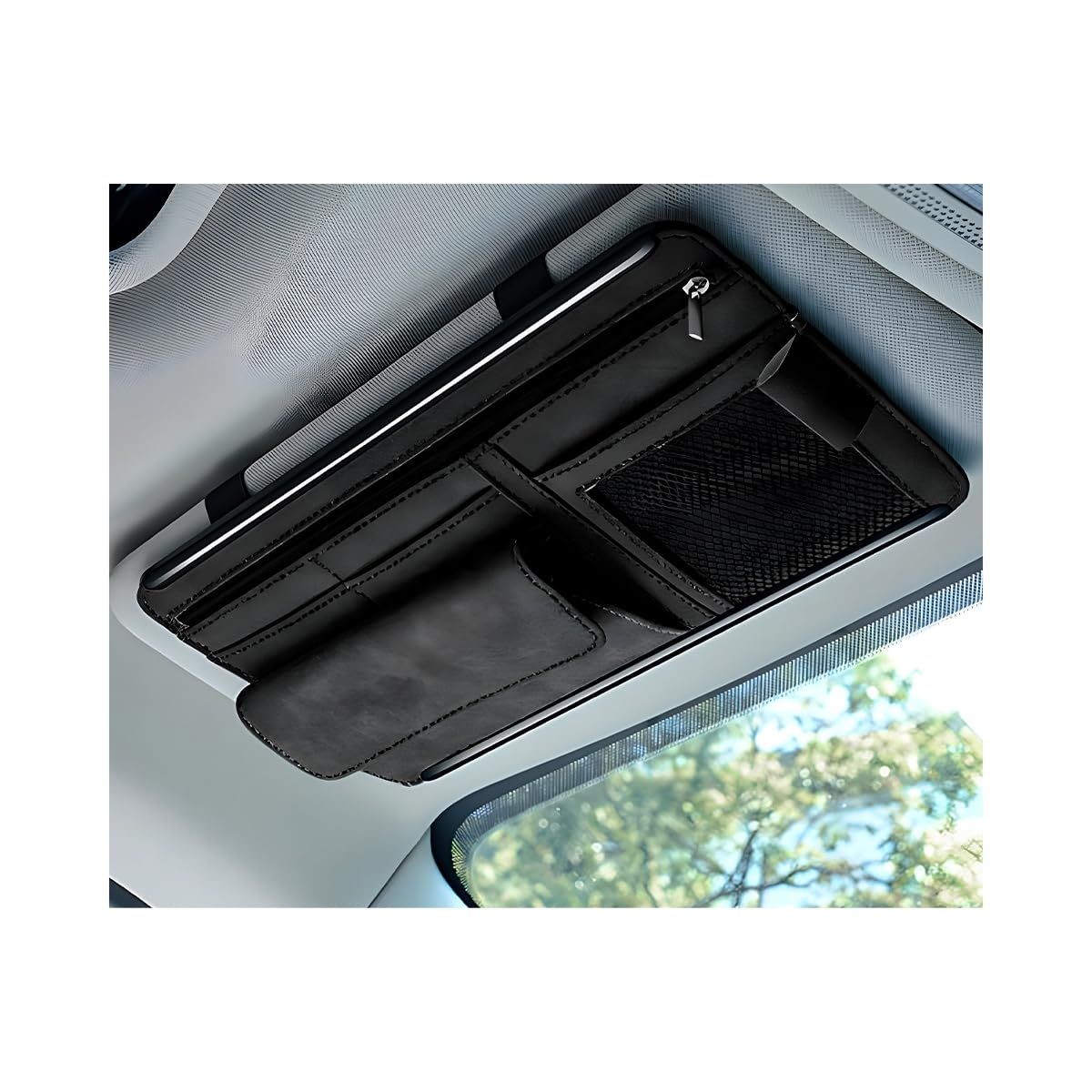 Car Sun Visor Organizer, Soft Leather Surface Eyeglasses Note Card Holder Car Storage Bag, Scratch-Resistant Waterproof Auto Sunshade Organizer Bag, Car Accessories (Black)