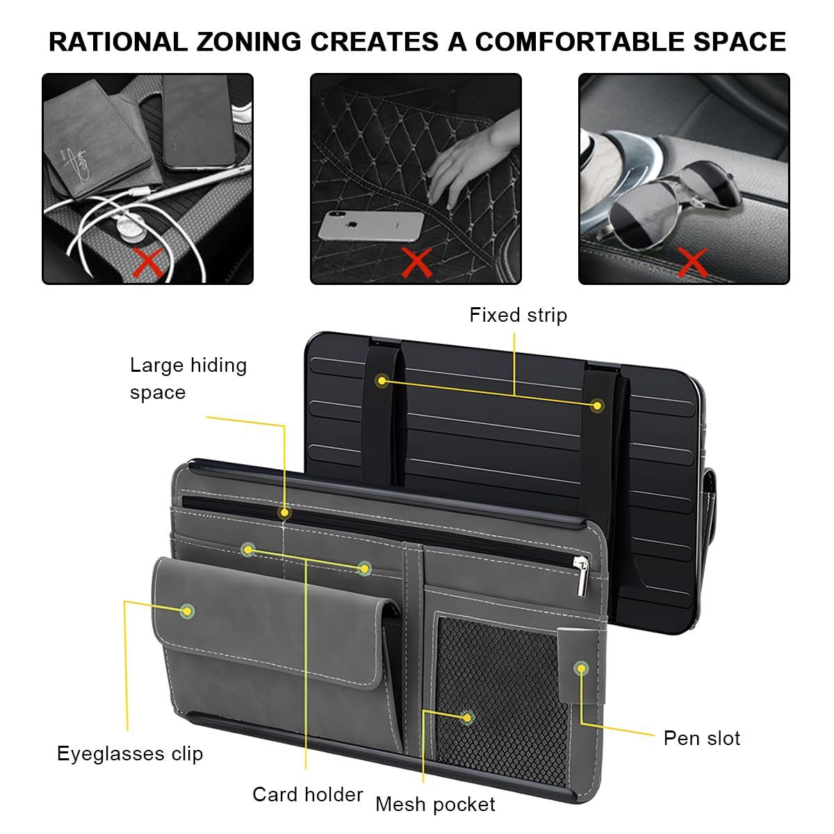 Car Sun Visor Organizer, Soft Leather Surface Eyeglasses Note Card Holder Car Storage Bag, Scratch-Resistant Waterproof Auto Sunshade Organizer Bag, Car Accessories (Black)