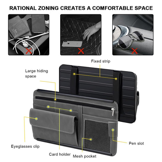 Car Sun Visor Organizer, Soft Leather Surface Eyeglasses Note Card Holder Car Storage Bag, Scratch-Resistant Waterproof Auto Sunshade Organizer Bag, Car Accessories (Black)