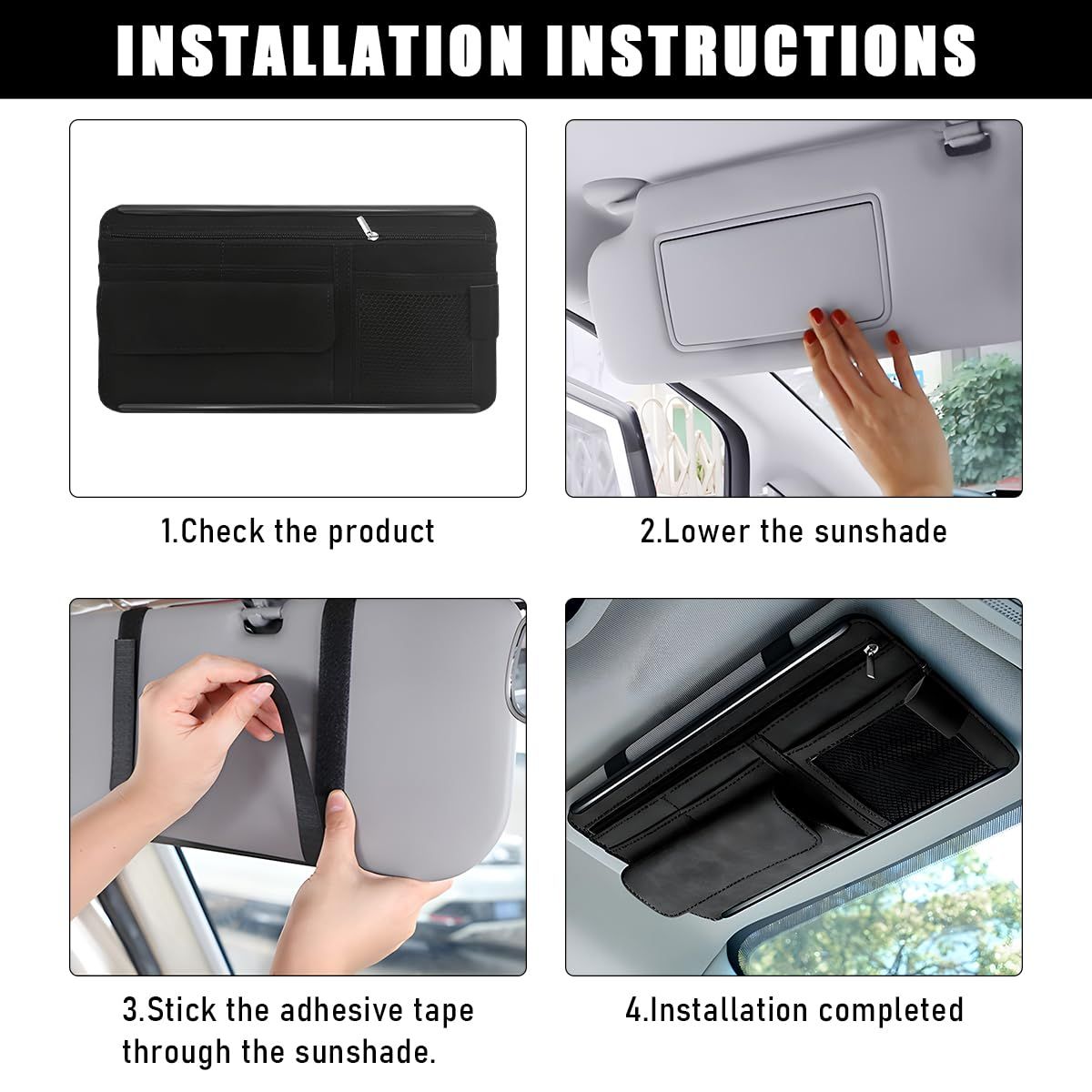 Car Sun Visor Organizer, Soft Leather Surface Eyeglasses Note Card Holder Car Storage Bag, Scratch-Resistant Waterproof Auto Sunshade Organizer Bag, Car Accessories (Black)