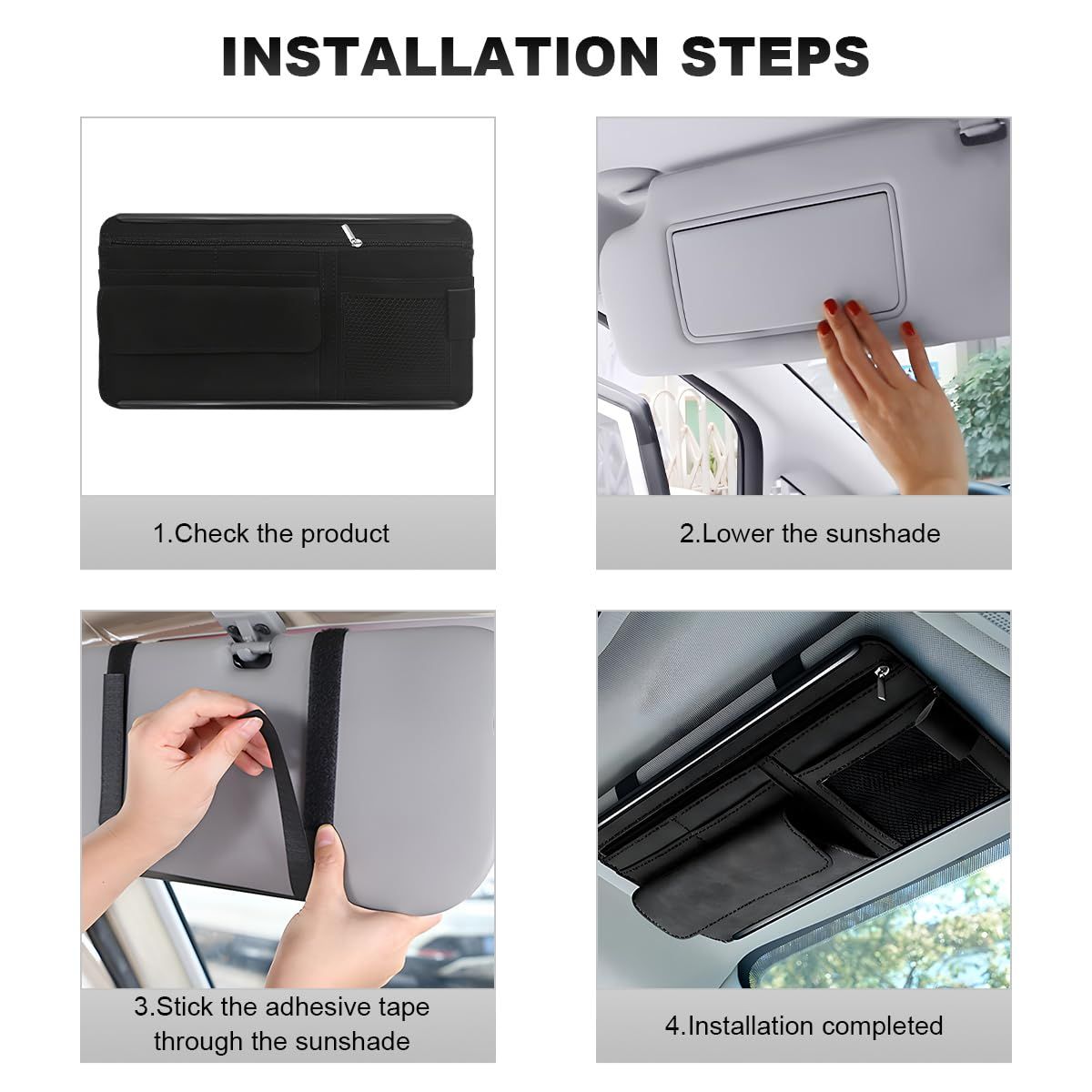Car Sun Visor Organizer, Soft Leather Surface Eyeglasses Note Card Holder Car Storage Bag, Scratch-Resistant Waterproof Auto Sunshade Organizer Bag, Car Accessories (Black)