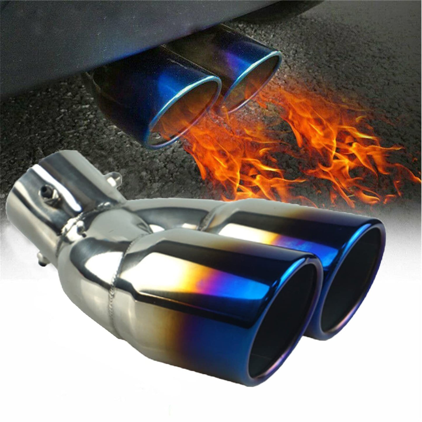 Inlet Dual Exhaust Muffler ,Chrome Exhaust ,Universal Bolt-On Double Tube Exhaust Muffler (Blue,Curved)