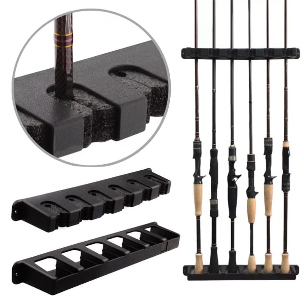 Wall Mounted 6-Slot Fishing Rod Rack, Horizontal Fishing Pole Storage Holder, Heavy Duty Plastic Fishing Rod Wall Organizer with Complete Mounting Hardware for Garage, Boat & Fishing Room