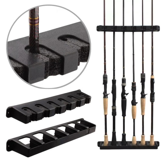 Wall Mounted 6-Slot Fishing Rod Rack, Horizontal Fishing Pole Storage Holder, Heavy Duty Plastic Fishing Rod Wall Organizer with Complete Mounting Hardware for Garage, Boat & Fishing Room