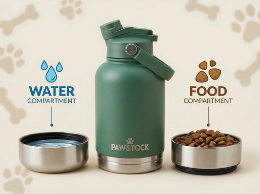 Pawstock 3-in-1 Insulated Dog Water Bottle with Dual Bowls – 1L Stainless Steel Travel Bottle-Rainforest Green