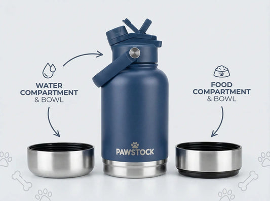 Pawstock 3-in-1 Insulated Dog Water Bottle with Dual Bowls – 1L Stainless Steel Travel Bottle - Navy