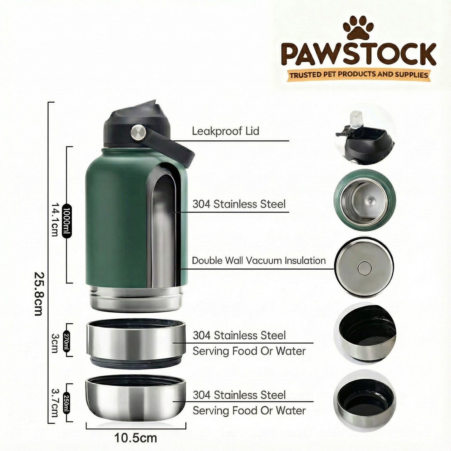Pawstock 3-in-1 Insulated Dog Water Bottle with Dual Bowls – 1L Stainless Steel Travel Bottle - Navy