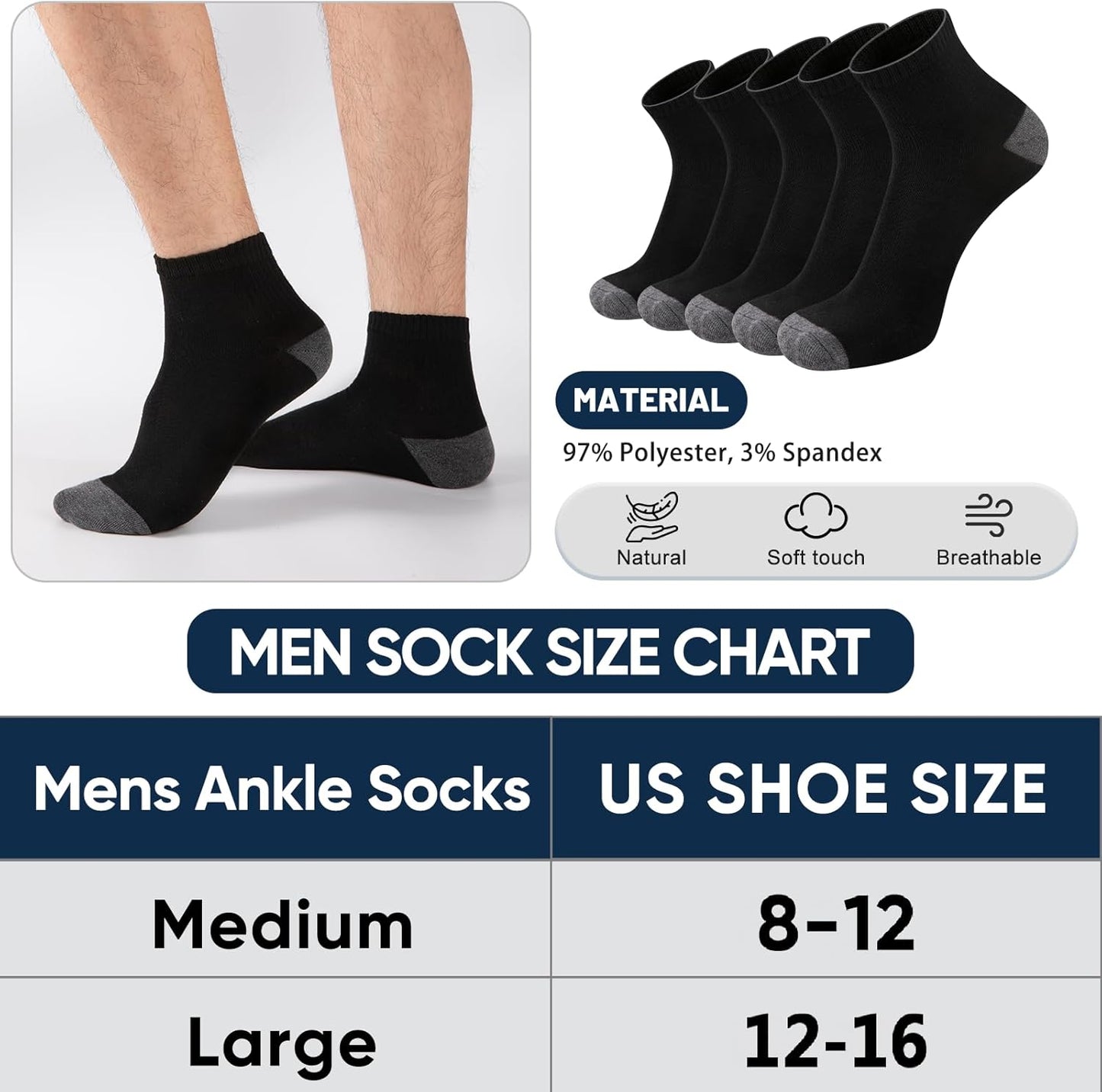 20 Pairs Ankle Socks For Men - Lightweight Mens Socks Size 8-12 Thin Casual Quarter Bulk Socks