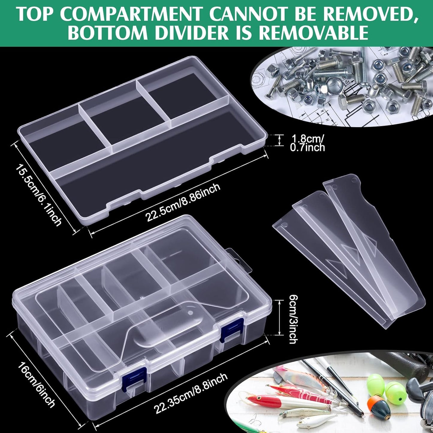 6 Pack Fishing Tackle Box Organizer Storage Clear Fishing Box with Movable Tray Plastic Waterproof Compartment Organizer for Lure Container Craft Beads Jewelry