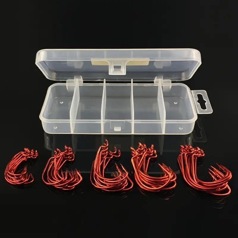 50Pcs Premium Fishing Hooks Set - High Carbon Steel, Ultra Sharp, All-in-One Box for Bass Trout Freshwater Saltwater（Red