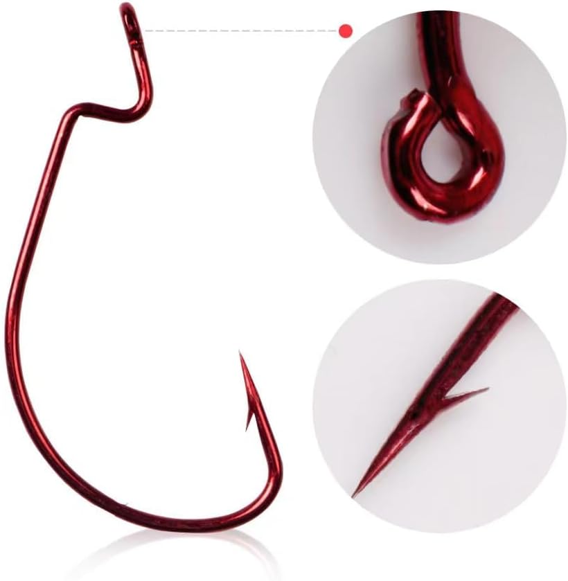 50Pcs Premium Fishing Hooks Set - High Carbon Steel, Ultra Sharp, All-in-One Box for Bass Trout Freshwater Saltwater（Red