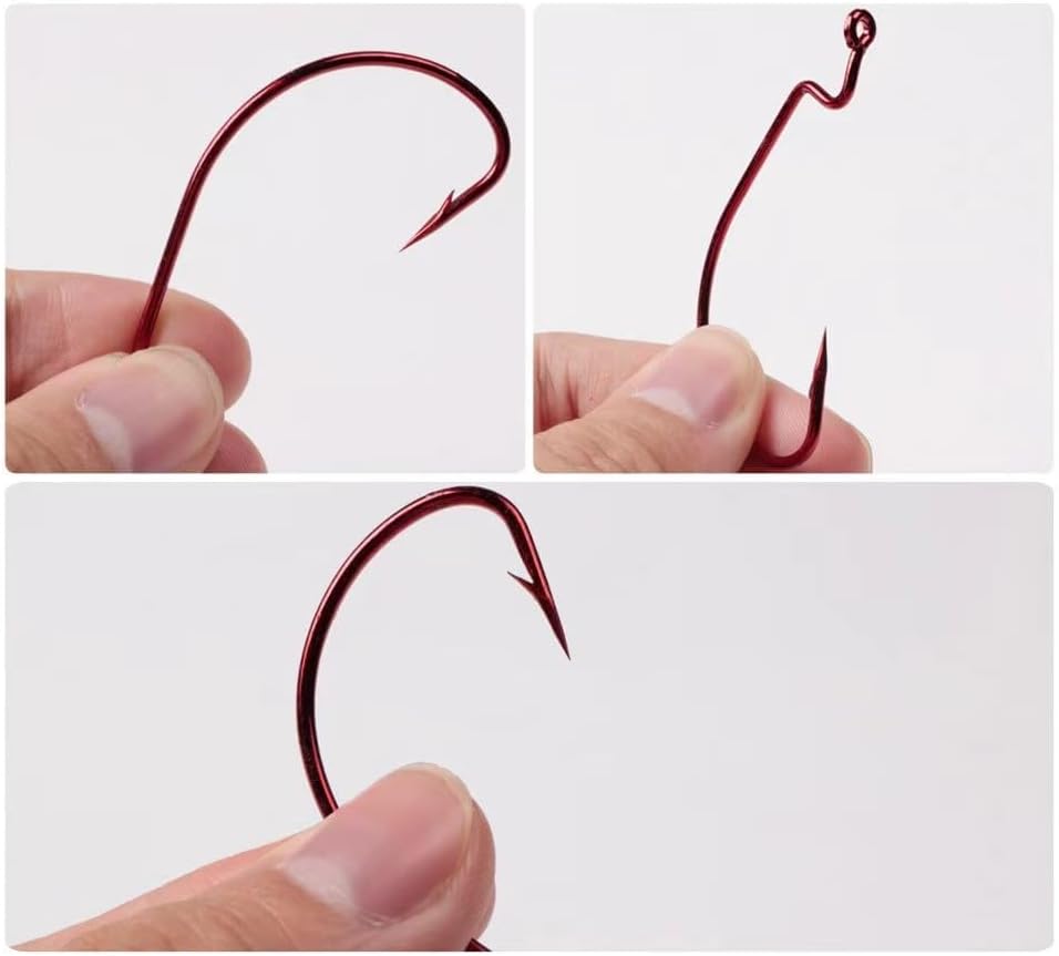 50Pcs Premium Fishing Hooks Set - High Carbon Steel, Ultra Sharp, All-in-One Box for Bass Trout Freshwater Saltwater（Red