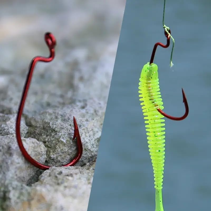 50Pcs Premium Fishing Hooks Set - High Carbon Steel, Ultra Sharp, All-in-One Box for Bass Trout Freshwater Saltwater（Red